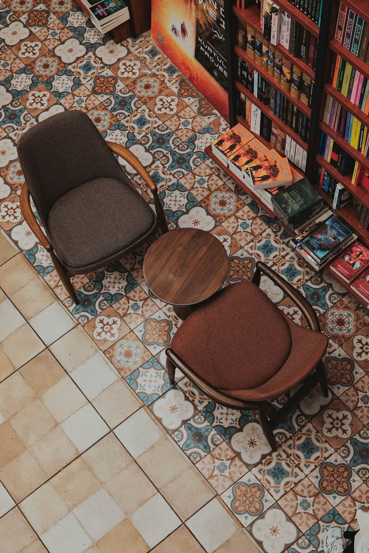 A lounge with low seating in warm evening light