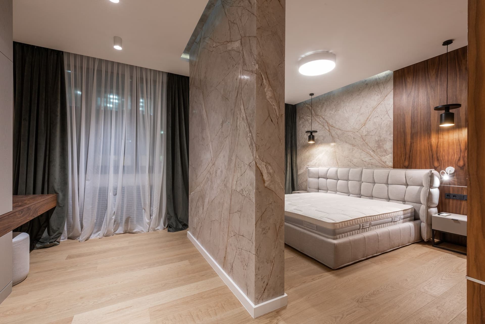 The bedroom under pendant lights
