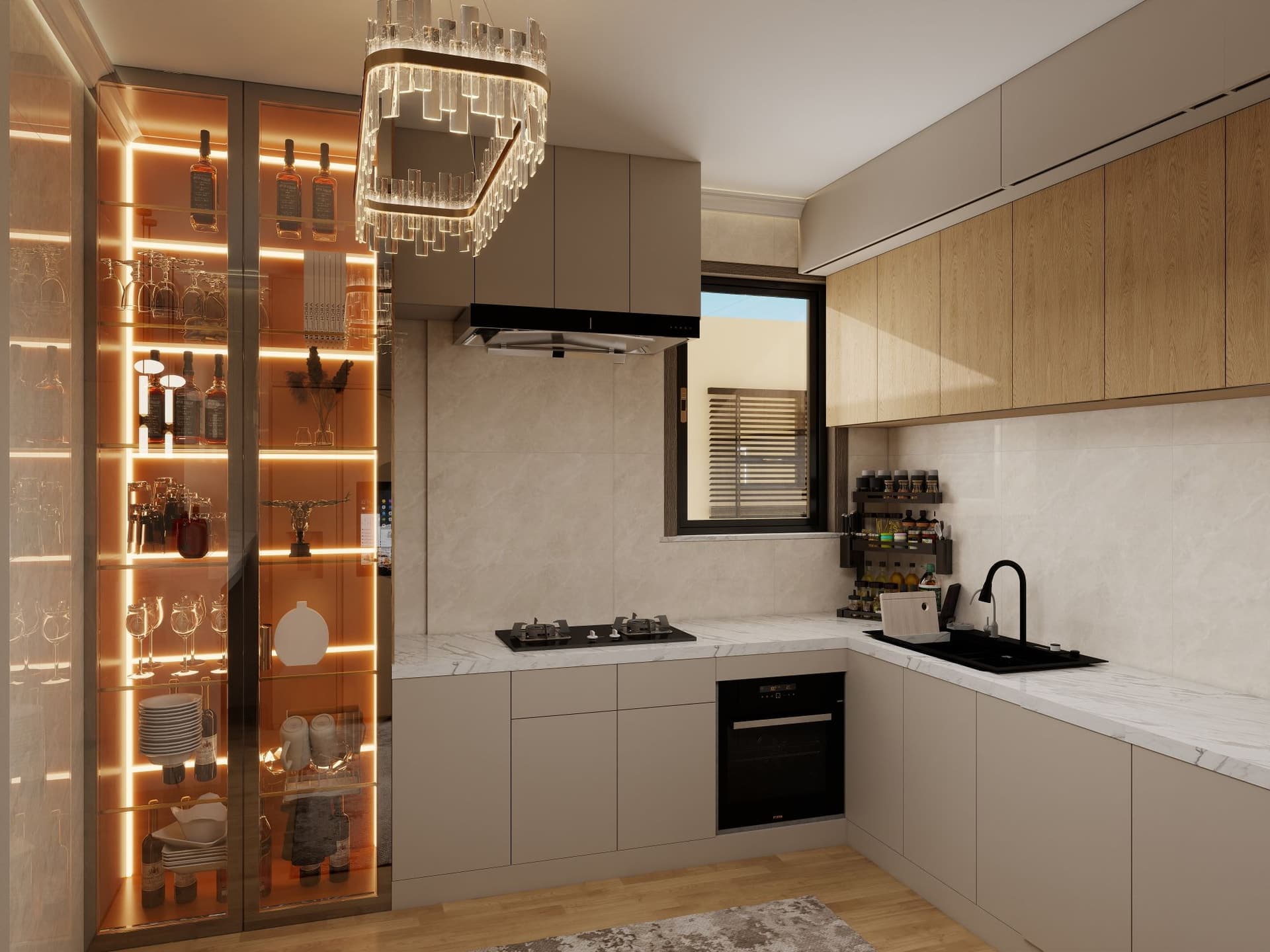 The kitchen with a brass chandelier