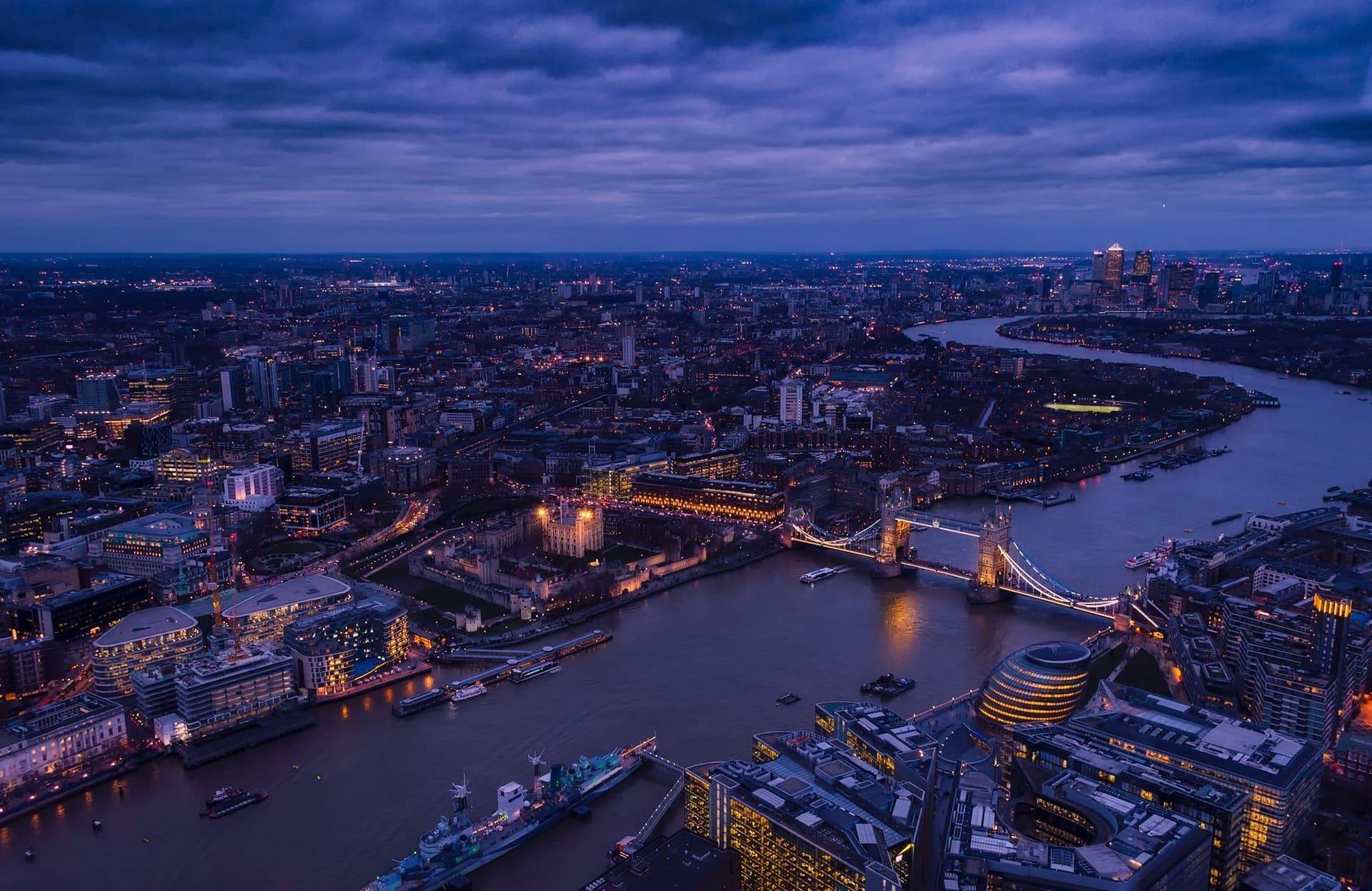 The river district at night from above