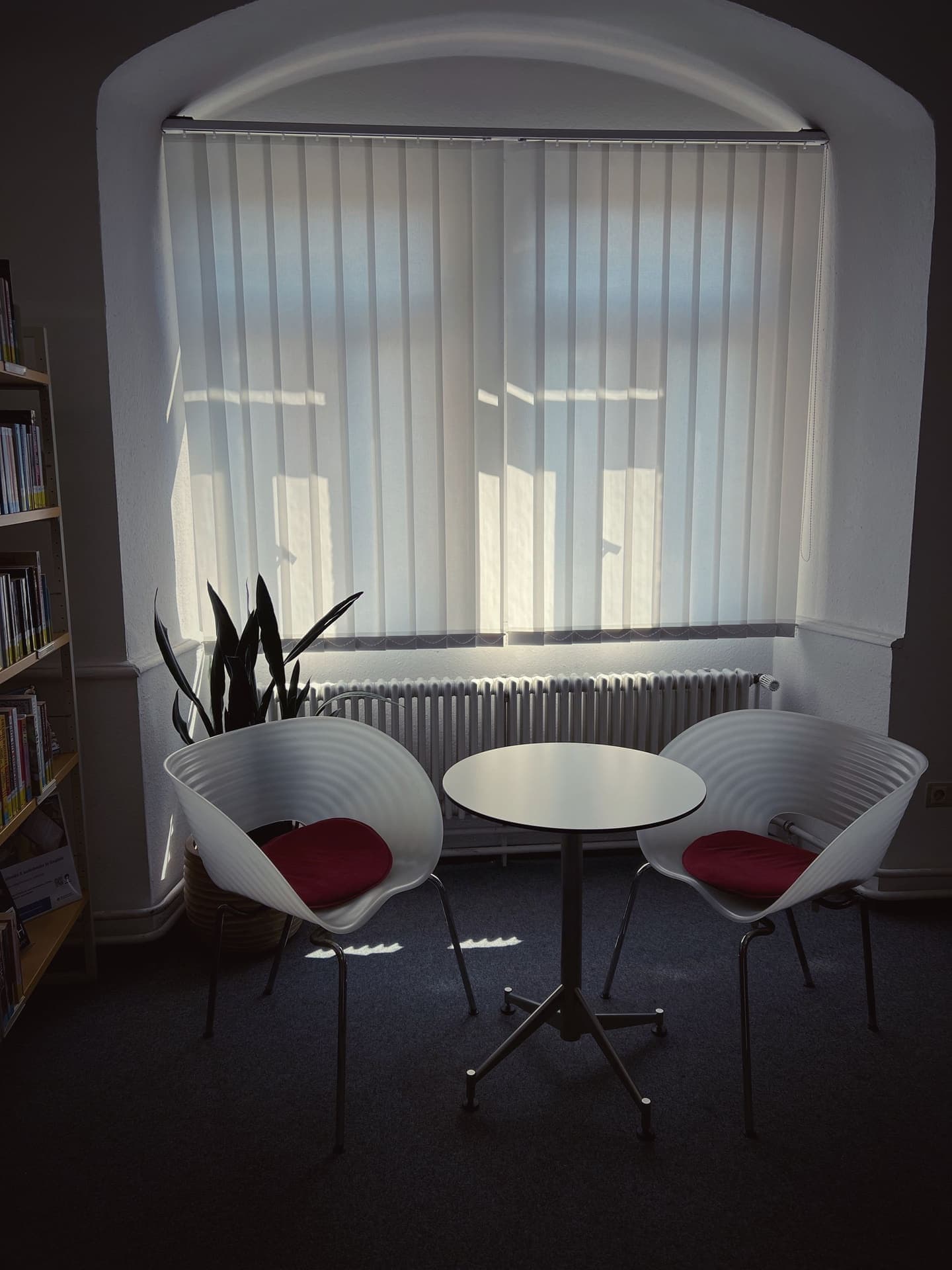 Reading chairs by the shelves
